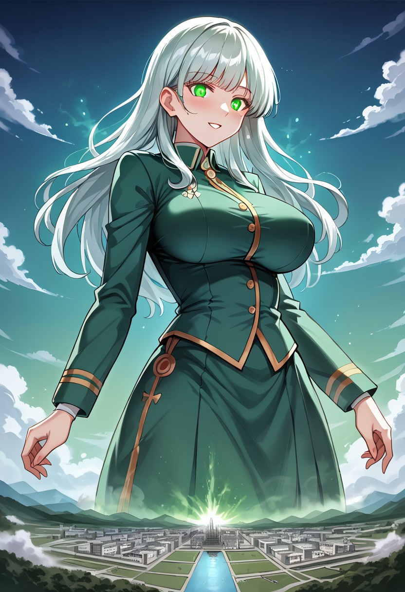 jvdaniang, giantess, (giga size: 1.4), source anime, 2d, large breasts, eyesHD, high gradient eyes, detailed eyes, high definition eyes, 1girls, women, A serene giantess with skin that appears to be made of soft, glowing clouds, her features shifting gently like the sky at dawn. Her hair is a cascade of silver vapor, and her eyes shine like the morning sun. She wears a gown of swirling mist that sparkles faintly with droplets of dew. The setting is a sky-high realm of drifting clouds and floating islands, as she rests on a massive cloudbank, sculpting shapes in the mist with her hands.