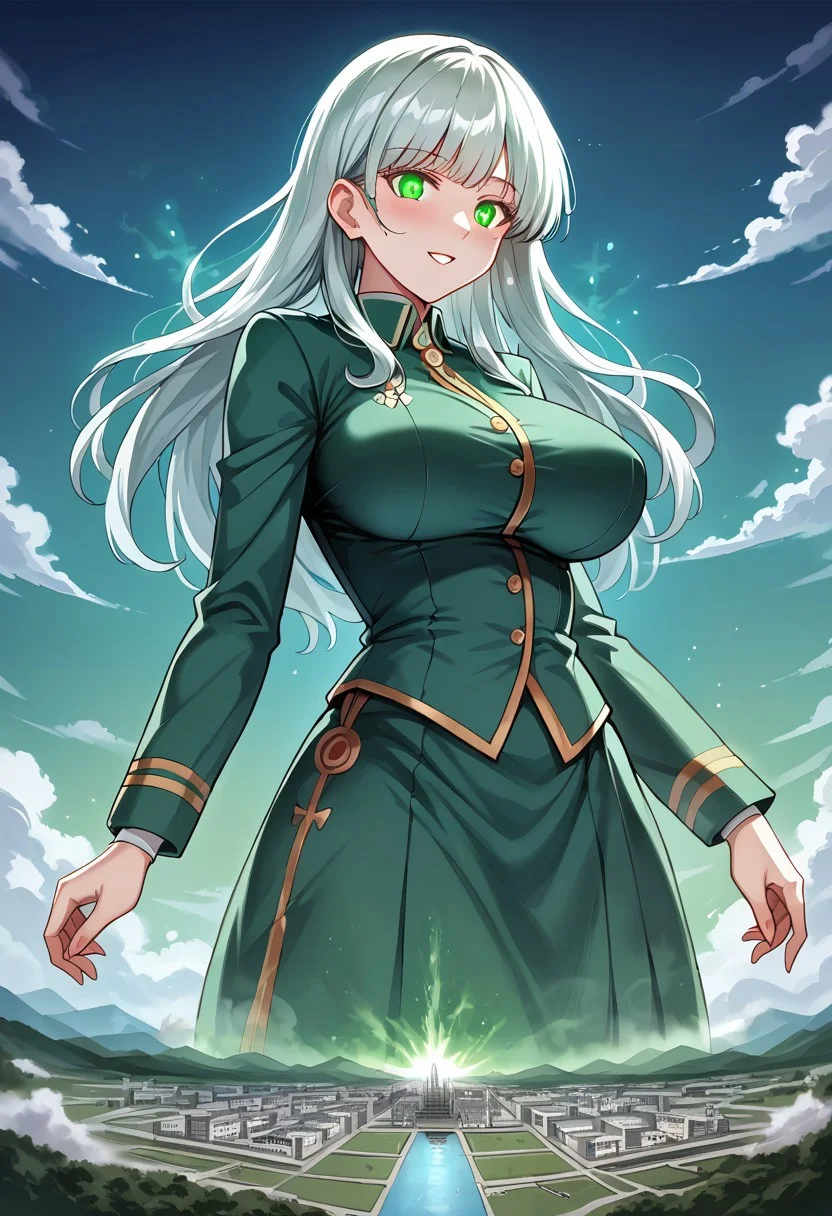 jvdaniang, giantess, (giga size: 1.4), source anime, 2d, large breasts, eyesHD, high gradient eyes, detailed eyes, high definition eyes, 1girls, women, A serene giantess with skin that appears to be made of soft, glowing clouds, her features shifting gently like the sky at dawn. Her hair is a cascade of silver vapor, and her eyes shine like the morning sun. She wears a gown of swirling mist that sparkles faintly with droplets of dew. The setting is a sky-high realm of drifting clouds and floating islands, as she rests on a massive cloudbank, sculpting shapes in the mist with her hands.