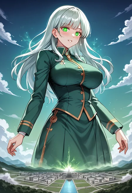 jvdaniang, giantess, (giga size: 1.4), source anime, 2d, large breasts, eyesHD, high gradient eyes, detailed eyes, high definition eyes, 1girls, women, A serene giantess with skin that appears to be made of soft, glowing clouds, her features shifting gently like the sky at dawn. Her hair is a cascade of silver vapor, and her eyes shine like the morning sun. She wears a gown of swirling mist that sparkles faintly with droplets of dew. The setting is a sky-high realm of drifting clouds and floating islands, as she rests on a massive cloudbank, sculpting shapes in the mist with her hands.