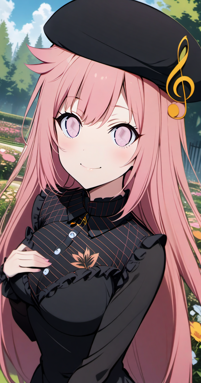 priscadys,mainoutfit,1girl, solo,((upper body:1.4)),pink hair, ((pink eyes)), long hair, breasts,, bangs, medium breasts, very long hair, closed mouth, <lora:priscadys_v1_33:.8> , hair flaps, breasts,looking at viewer, blush,smile,black headwear, beret,treble clef, dress,long sleeves,black sleeves,shirt,black shirt,striped,musical note, frills,frilled dress,,outdoors,garden, flower,trees,blue sky, clouds,day, black dress,((portrait,close-up, dutch angle)),hand on own chest,
