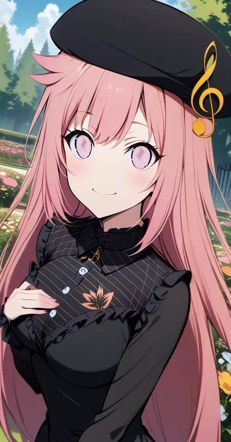 priscadys,mainoutfit,1girl, solo,((upper body:1.4)),pink hair, ((pink eyes)), long hair, breasts,, bangs, medium breasts, very long hair, closed mouth, <lora:priscadys_v1_33:.8> , hair flaps, breasts,looking at viewer, blush,smile,black headwear, beret,treble clef, dress,long sleeves,black sleeves,shirt,black shirt,striped,musical note, frills,frilled dress,,outdoors,garden, flower,trees,blue sky, clouds,day, black dress,((portrait,close-up, dutch angle)),hand on own chest,