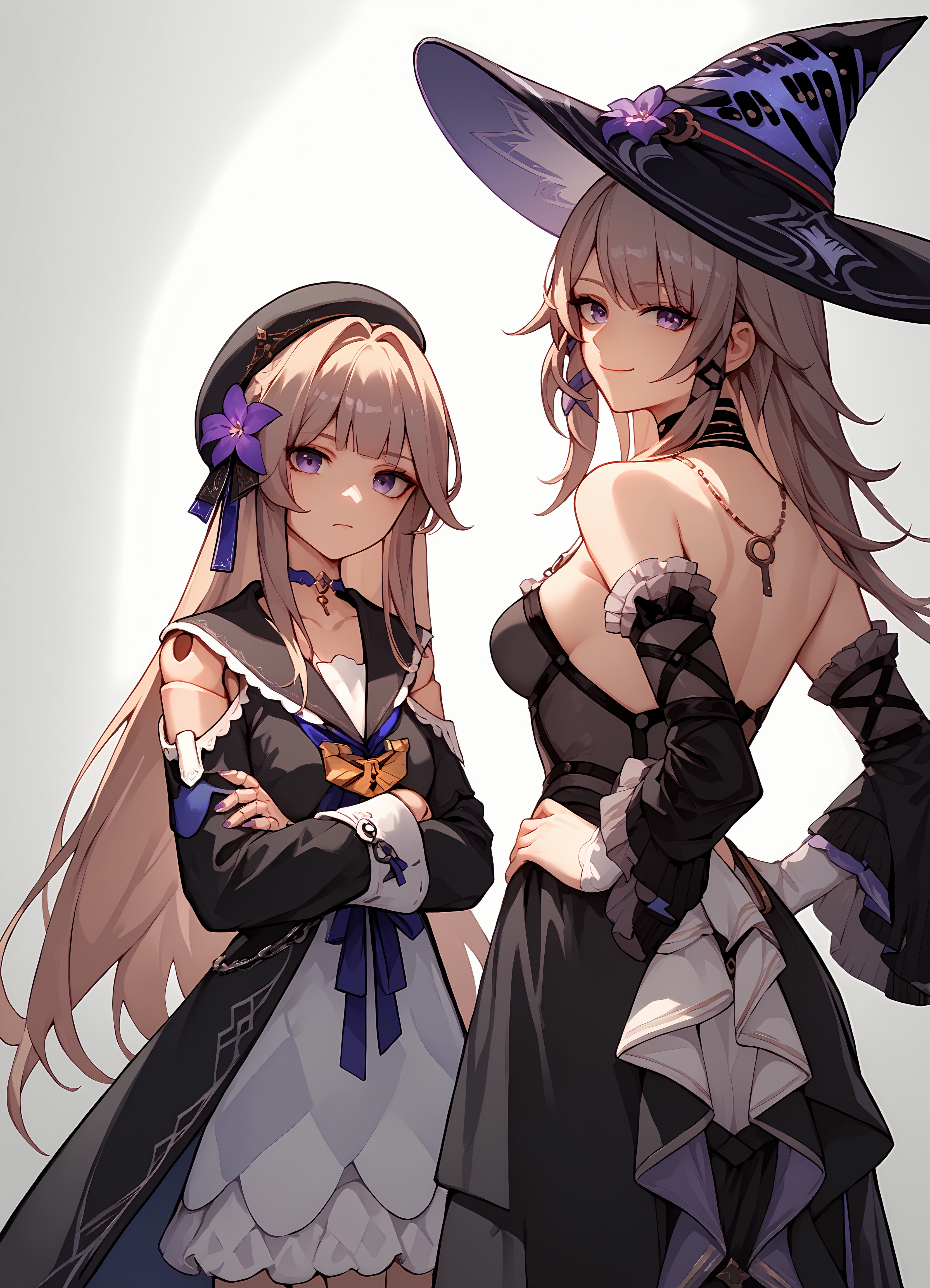 (score_9, score_8_up, score_7_up), 2girls, standing, gradient background, looking at viewer ADDCOMM
<lora:herta-hsrPO-v2ar:0.9>, 1girl, herta, doll joints, beret, purple choker, crossed arms BREAK
1girl, the herta, witch hat, black choker, necklace, detached sleeves, black pantyhose, from behind, smile, closed mouth, hand on own hip,