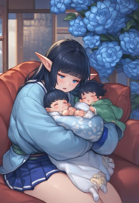 1girl, score_9,score_8_up,score_7_up, blanket over body,
elf ,pointy ears, blue eyes and long black hair, couplelunia, short skirt blue kimono, long black hair mother, wide long sleeves blue kimono, white sock, green obi, himecut, hime cut, blush, black hair wife, blue eyes, close up shot, upper body, blue flower hairpin, white sock, opened mouth,
looking down at baby, sitting down, (baby sleeping), baby carry, holding baby,