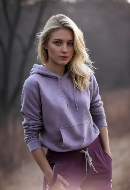sdxl_doutmurpv1, cinematic photo, cowboy shot, plum-colored joggers with a gray sweatshirt, soft focus lens effect, hazy edges, gentle lighting, romantic glow, desaturated colors, dreamy realism