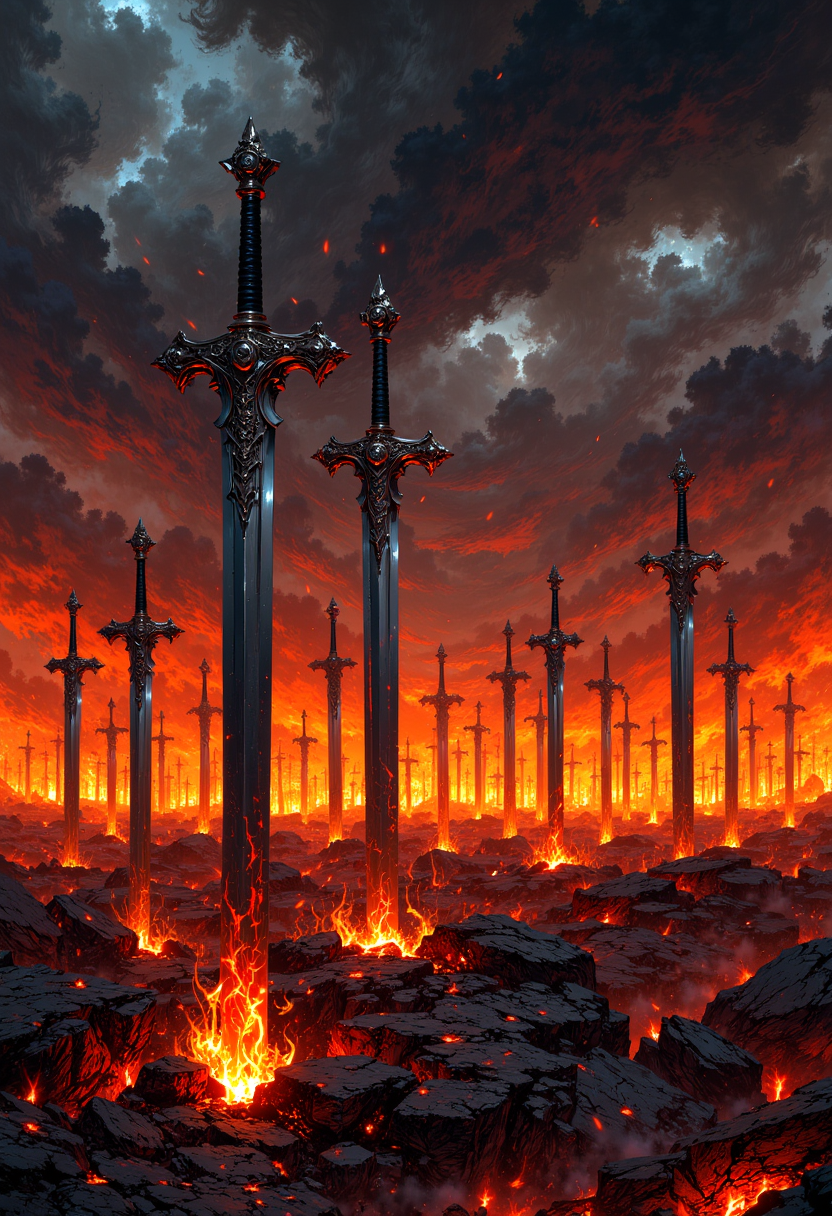 mythp0rt, Image is a dramatic digital artwork depicting a fiery landscape with numerous swords embedded in the ground. The scene is set under a turbulent sky filled with dark, swirling clouds, contrasting with the intense orange and red flames that engulf the terrain. The swords, metallic and reflective, vary in size and are positioned at different angles, creating a sense of depth and chaos. The lighting is dynamic, with the flames casting a warm glow on the swords and the surrounding area, enhancing the apocalyptic atmosphere. The overall composition is diagonal, leading the viewer's eye from the foreground to the background, where the swords gradually diminish in size, suggesting a vast battlefield. The image conveys a sense of destruction and conflict, with the fiery elements dominating the scene.  <lora:FluxMythV2-000009:1>