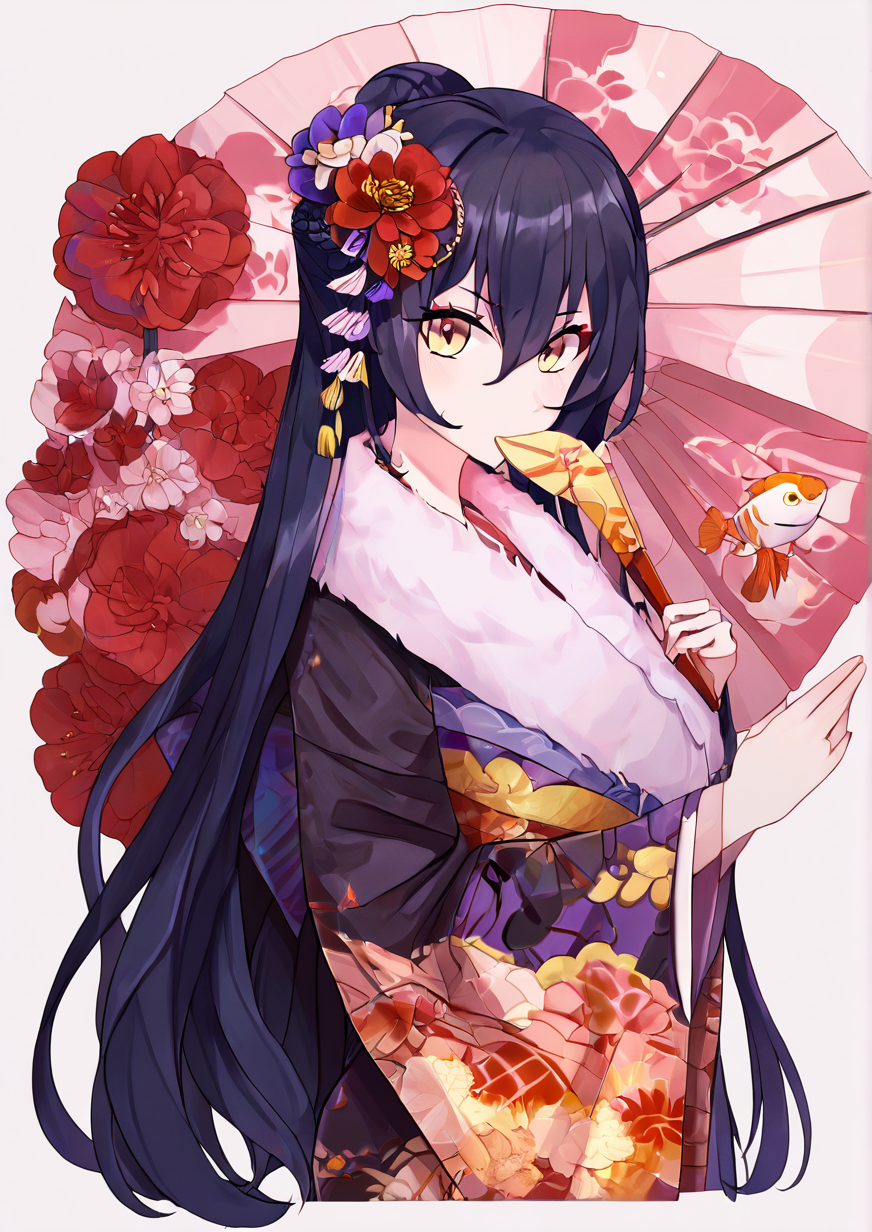 1girl, huge breast, animal, black hair, black kimono, blue umbrella, blush, bow, braid, checkered, covered mouth, fish, floral print, flower, folded fan, folding fan, goldfish, hair between eyes, hair bow, hair bun, hair flower, hair ornament, hand fan, holding, holding fan, japanese clothes, kimono, long hair, long sleeves, looking at viewer, obi, oil-paper umbrella, print kimono, purple bow, purple flower, red flower, sash, sidelocks, single hair bun, solo, umbrella, upper body, wide sleeves, yukata,handfixer,zPDXL3  <lora:Breast Slider - Pony_alpha1.0_rank4_noxattn_last:3> <lora:HandFixer_pdxl_Incrs_v1:1><lora:lnji_rnlwls34RNJI:1>