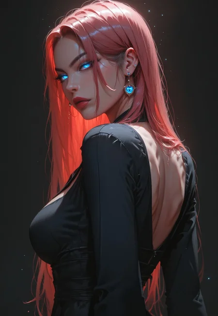 succubus ,score_9, score_8_up, score_7_up, rating_safe,girl,olz_anita1,seductive, cool, perfect body,Tilt head,2.5d,ornament,narrow waist,big breasts,long red hair large breasts,arching back,serious, glowing blue yes,Vertical slit pupils,
HI-res,masterpiece,black suit with shirt and slack,handsome appearance ,black neckties,Tomgirl ,back view,back,
simple background ,black background