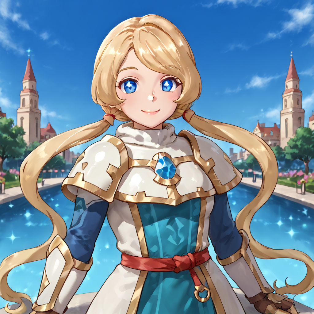 outdoors, city, <lora:Yuelia_-_Fantasy_Life:.9>yuelia, 1girl, solo, long hair, blonde hair, low twin tails, blue eyes, (((diamond iris))), diamond eyes, smile,   <lora:holy-light-armor-01:1> armor, bodysuit, gauntlets, holy light armor, holy armor, green holy light armor, green holy light, green holy light body
