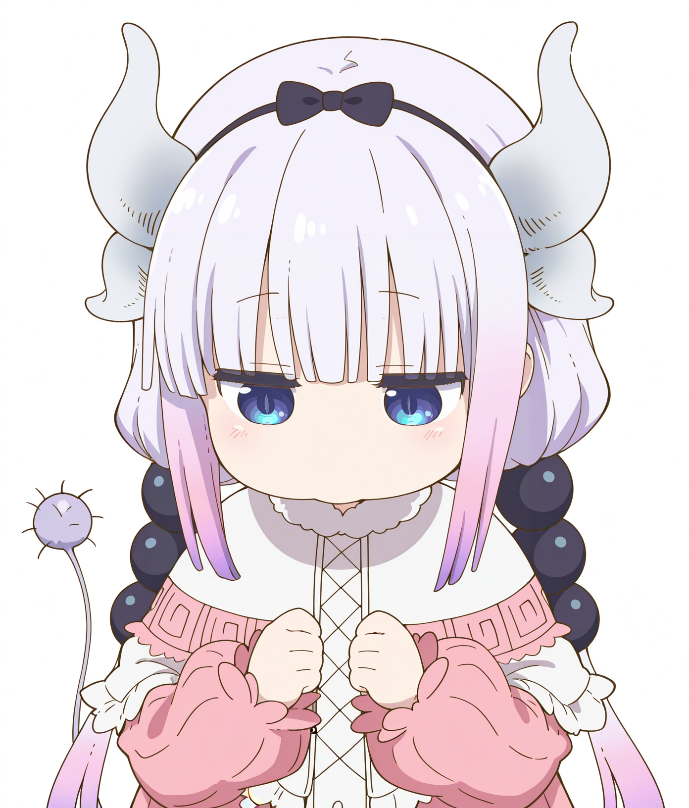 masterpiece,best quality,absurdres,highres,very aesthetic,high quality,
<lora:yurie_mouth_IL_v1:1>,yurie_mouth,
1girl,solo,
<lora:Kanna_Kamui:0.8>,kanna_kamui,
blue eyes,slit pupils,pink hair,low twintails,long hair,blunt bangs,gradient hair,flat chest,dragon horns,tail,hair beads,black hairband,hair bow,black bow,
frilled dress,pink dress,frilled capelet,fur- trimmed capelet,white capelet,puffy long sleeves,pink sleeves,
looking down,expressionless,
simple background,white background,
upper body,