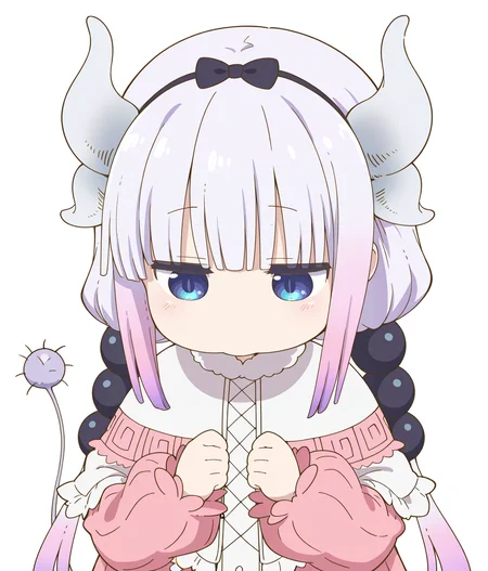 masterpiece,best quality,absurdres,highres,very aesthetic,high quality,
<lora:yurie_mouth_IL_v1:1>,yurie_mouth,
1girl,solo,
<lora:Kanna_Kamui:0.8>,kanna_kamui,
blue eyes,slit pupils,pink hair,low twintails,long hair,blunt bangs,gradient hair,flat chest,dragon horns,tail,hair beads,black hairband,hair bow,black bow,
frilled dress,pink dress,frilled capelet,fur- trimmed capelet,white capelet,puffy long sleeves,pink sleeves,
looking down,expressionless,
simple background,white background,
upper body,