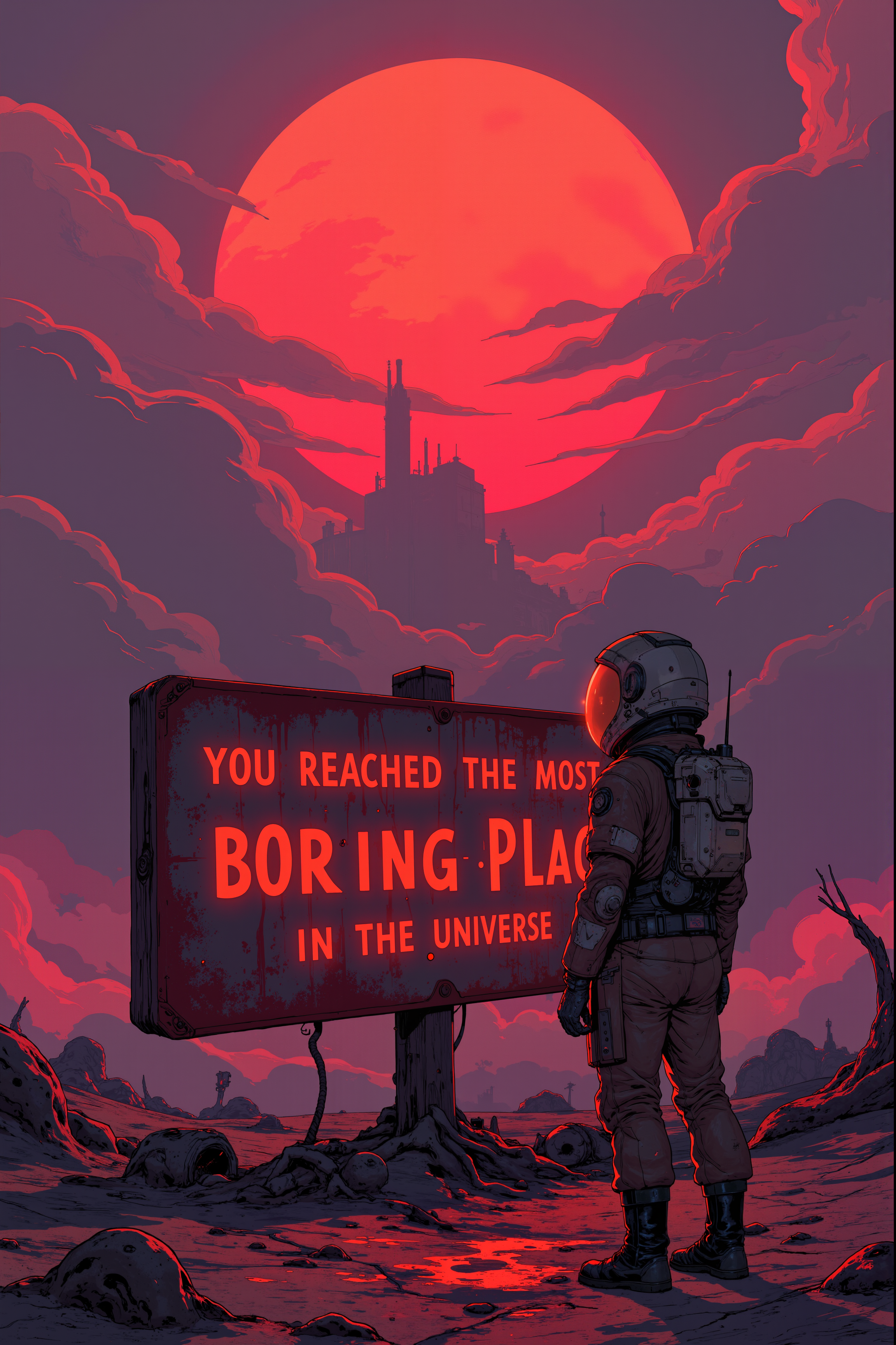 On the surface of a desolate, crimson-hued planet, a lone astronaut in a battered, dust-covered suit stands before a massive, rusted metal sign planted in the cracked ground. The words "Congrutalions! You reached the most boring place in the universe!" glow faintly on the sign in an alien script, pulsing like a dying heartbeat against the backdrop of a swirling, violet sky. Behind the astronaut, the wreckage of a crashed starship smolders, blackened metal twisted into grotesque, skeletal shapes. Strange, translucent creatures slither through the air, their gelatinous bodies refracting the eerie light from the twin suns hanging low on the horizon. The ground beneath the astronautâs boots trembles faintly, as if something massive stirs beneath the surface, responding to the signâs flickering glow. The air is thick with the scent of burned circuitry and something elseâsomething metallic and wrong, like the aftertaste of a nightmare. The astronautâs helmet visor reflects the signâs cryptic message, the alien symbols shifting and warping as if alive. A single, jagged crack runs down the center of the sign, as though something once triedâand failedâto tear it down. , detailed background  Fantastic lighting. Detailed shadows.intricate details, vivid colors, hyper-detailed, ultra-sharp, , , <lora:Semi-realisticPortraitPainting:0.4> <lora:Let_It_Blaze_in_Crimson_anime_v1.0:0.6>