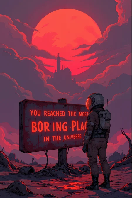 On the surface of a desolate, crimson-hued planet, a lone astronaut in a battered, dust-covered suit stands before a massive, rusted metal sign planted in the cracked ground. The words "Congrutalions! You reached the most boring place in the universe!" glow faintly on the sign in an alien script, pulsing like a dying heartbeat against the backdrop of a swirling, violet sky. Behind the astronaut, the wreckage of a crashed starship smolders, blackened metal twisted into grotesque, skeletal shapes. Strange, translucent creatures slither through the air, their gelatinous bodies refracting the eerie light from the twin suns hanging low on the horizon. The ground beneath the astronautâs boots trembles faintly, as if something massive stirs beneath the surface, responding to the signâs flickering glow. The air is thick with the scent of burned circuitry and something elseâsomething metallic and wrong, like the aftertaste of a nightmare. The astronautâs helmet visor reflects the signâs cryptic message, the alien symbols shifting and warping as if alive. A single, jagged crack runs down the center of the sign, as though something once triedâand failedâto tear it down. , detailed background  Fantastic lighting. Detailed shadows.intricate details, vivid colors, hyper-detailed, ultra-sharp, , , <lora:Semi-realisticPortraitPainting:0.4> <lora:Let_It_Blaze_in_Crimson_anime_v1.0:0.6>