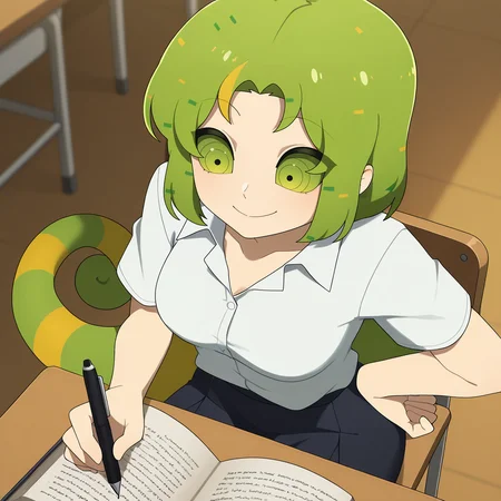 1girl, solo,
absurdres, high quality, masterpiece, anime screencap, 8k, absurd res, cinematic lighting,
detailed face, looking down, smile, looking away, writing in a open book,
in a classroom, hand on own hip,
sitting on school chair, from above,
<lora:ChameleonZero:1> chameleonzero, green hair, green eyes, tail