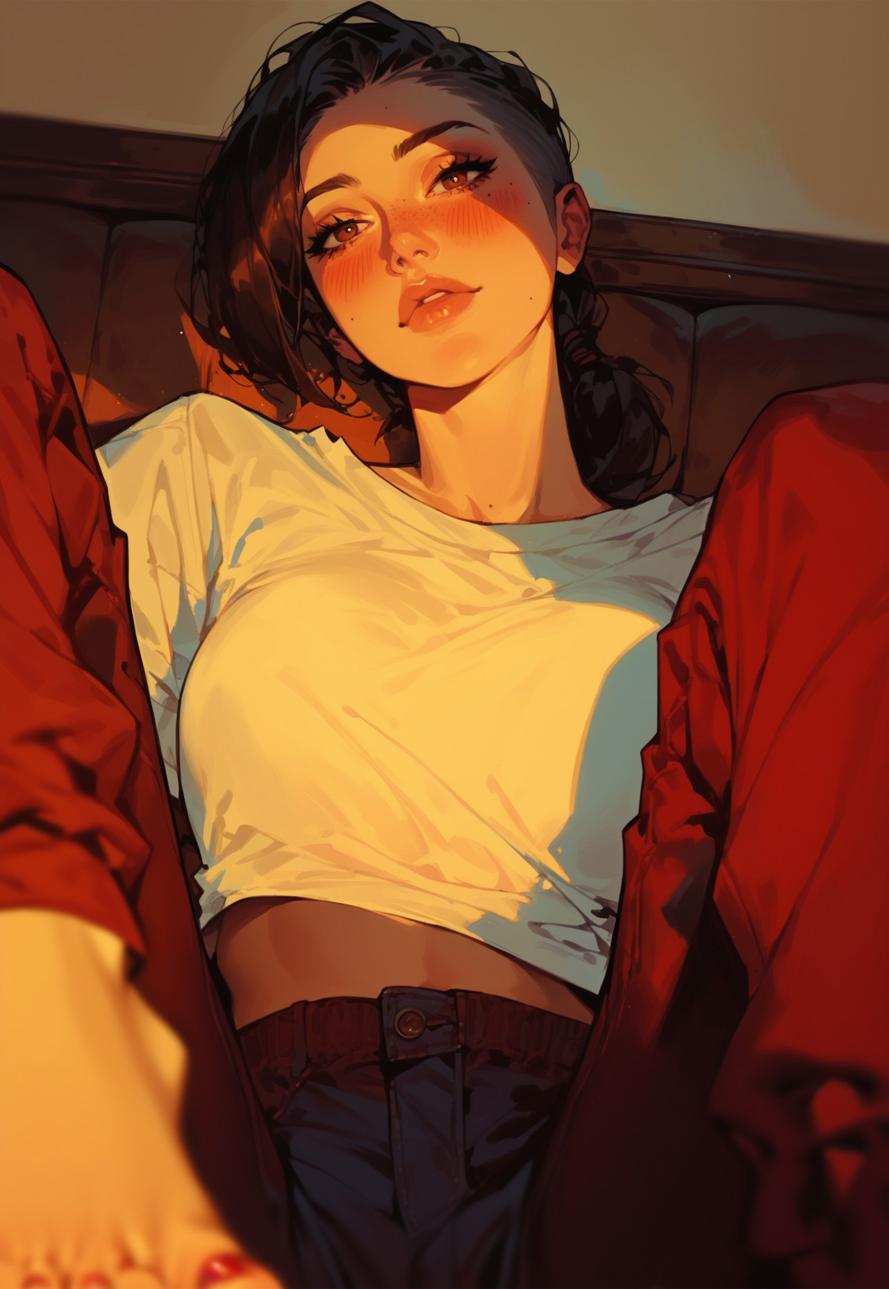 safe_pos, score_9, score_8_up, score_7_up, score_6_up, 1 gorgeous girl), beautiful face, exhausted expression, low ponytail, dark hair, innocent face, cute face, skinny, brown eyes, freckles, mole, bare feet, depth of field, warm lighting, cinematic shot, small breasts , bob cut, undercut, sexy, dynamic pose, relaxing, pants ,round breasts, semi-realism, on sofa, sensual eyes, looking at viewer, dynamic angle, spread legs, from below, indoors, sunset light, orange-hued lighting, horny, blushing, feet nail polish, 