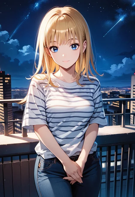 score_9,score_8_up,score_7_up,source_anime, Hibari Oozora,1girl,solo,looking at viewer,smile,blue eyes,shirt,closed mouth,white shirt,cowboy shot,outdoors,sky,striped,pants,night,own hands together,star \(sky\),night sky,starry sky,striped shirt,railing,cityscape,balcony,