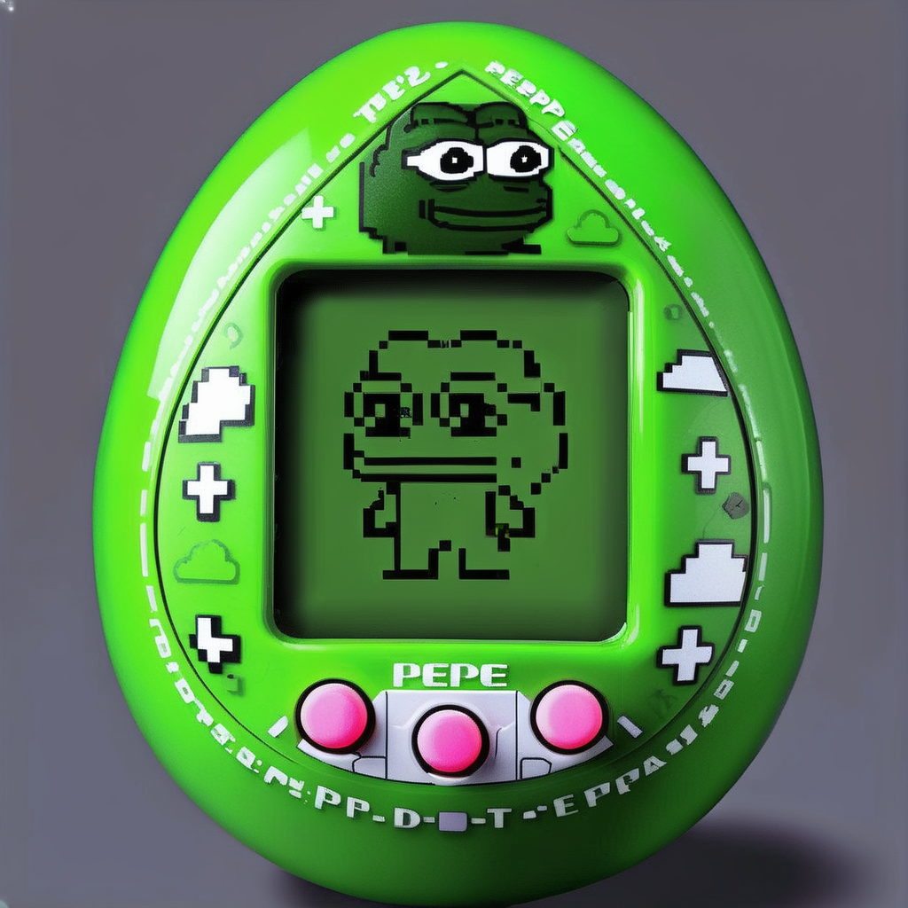 An egg-shaped, virtual pet device is featured with a central screen displaying, a  single color 8bit pepe,The screen is encased within an while ring  ., <lora:egg_bit:0.75>, <lora:pepe-v2:0.7>