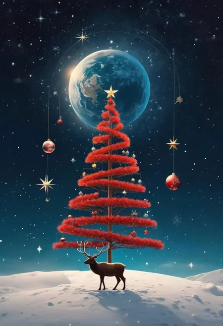 universe, aesthetics of cosmic motifs, art Research, use, symbolism of space, planet in various artistic directions, centered spase ship-reindeer with red Christmas tree