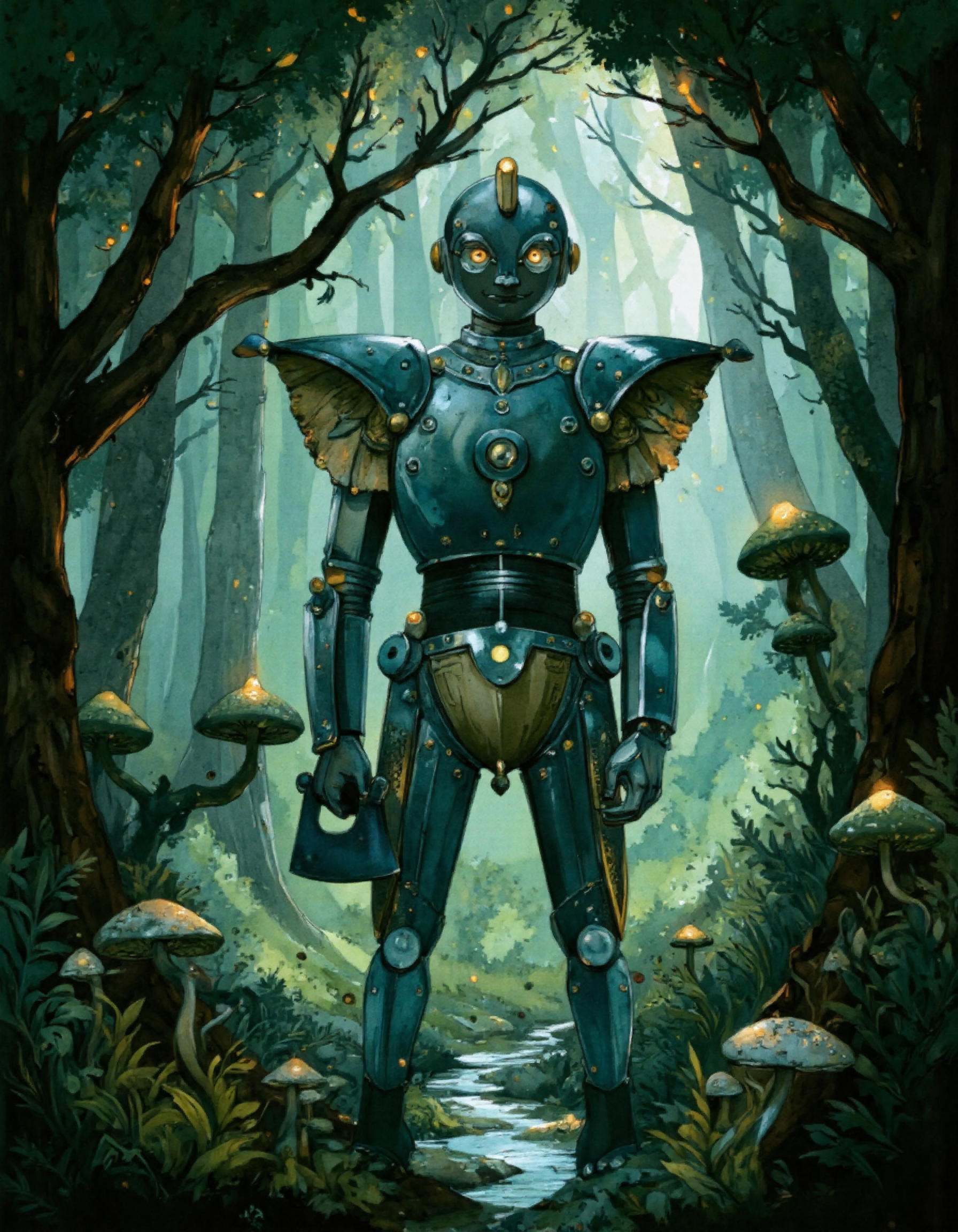 <lora:LV_NEW:1>, Iron Woodman standing in an enchanted forest, his metallic body reflecting dappled light. His axe is polished to a shine, and his round face shows gentle determination. Style: Vladimirsky's blend of mechanical details (rivets, gears) with soft, organic lines. The forest has bioluminescent mushrooms and trees with Art Nouveau curves. Use a cool metallic palette with pops of emerald green, lighting