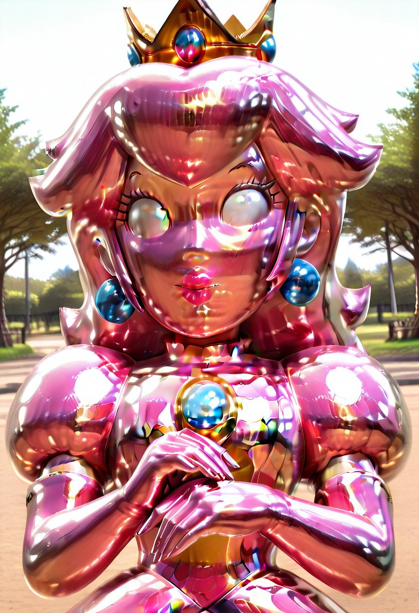 pink gold dress, pink gold peach, Princess Peach,pink gold hair, pink gold skin, pink gold gloves, pink gold clothes, metallic body, metallic,no pupils ,lipstick,long hair,wavy hair,crown,  puffy sleeves, elbow gloves, shiny, park, outdoors, detailed eyes, perfect hands, detailed face, detailed body, detailed anatomy, close up,