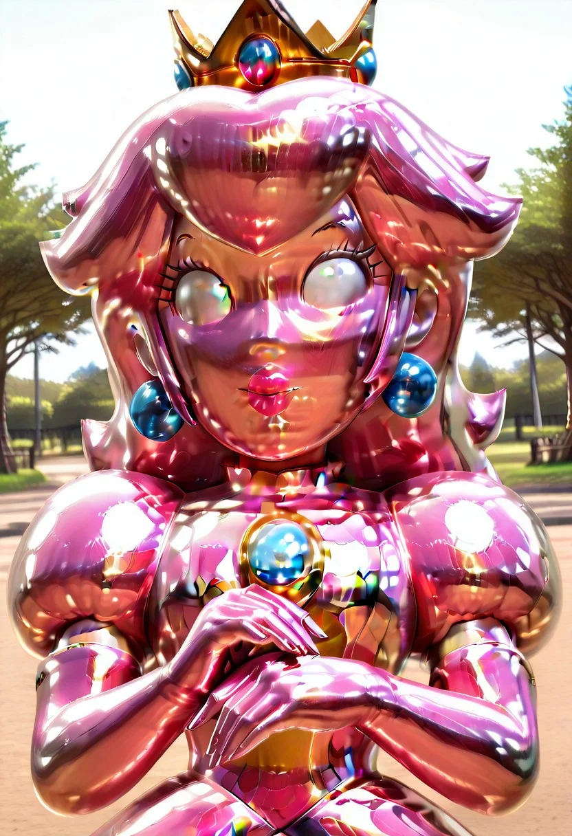 pink gold dress, pink gold peach, Princess Peach,pink gold hair, pink gold skin, pink gold gloves, pink gold clothes, metallic body, metallic,no pupils ,lipstick,long hair,wavy hair,crown,  puffy sleeves, elbow gloves, shiny, park, outdoors, detailed eyes, perfect hands, detailed face, detailed body, detailed anatomy, close up,