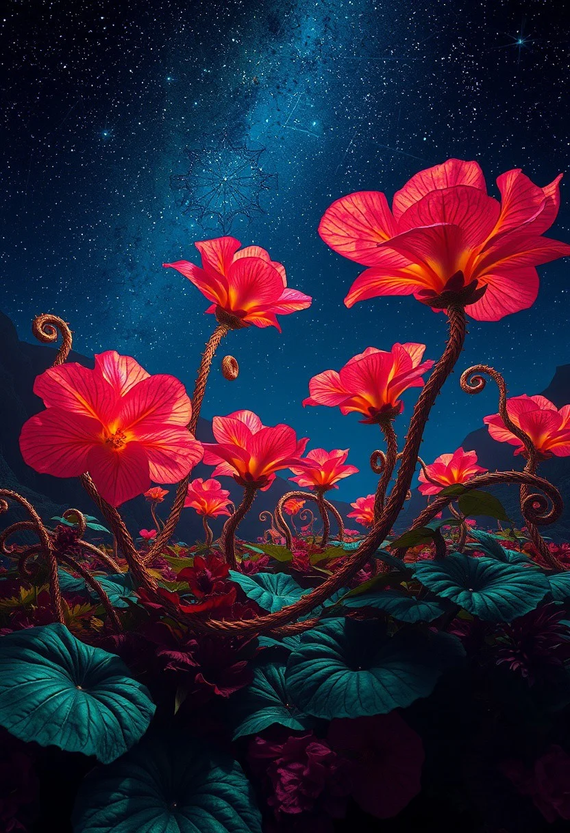 Giant, spotlit begonias, with iridescent petals and twisting, serpentine stems, dominate a surreal, psychedelic landscape under a deep, starry night sky, as if beheld through a kaleidoscope. The atmosphere is heavy with an otherworldly, mystical energy, reminiscent of Mikalojus Konstantinas Ciurlionis's Symbolist landscapes, Miriam Schapiro's vibrant, floral Pattern and Decoration movement, and Naomi Okubo's dreamlike, fantastical scenes. Acidic, hallucinogenic accents dance across the image, imbuing the scene with an air of mystique and wonder. Captured in the style of hyper-realistic photography, with ultra-detailed, high-definition imagery, this 8K-resolution digital art masterpiece boasts an absurd level of detail, making it perfect as an official, themed phone wallpaper.