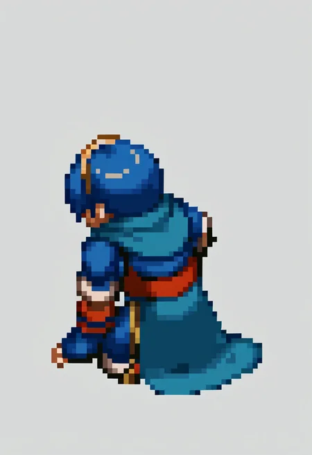 score_9, score_8_up, score_7_up, source_anime, BREAK, solo, 1boy, <lora:FFT-SpritesV2-pdxl_Fp:1>, kneeling, from behind, from side, pixel art, simple background, <lora:Marth-pdxl_Fp:1>, marthfe, blue hair, short hair, tiara, blue tunic, armor, cape, fingerless gloves, boots,