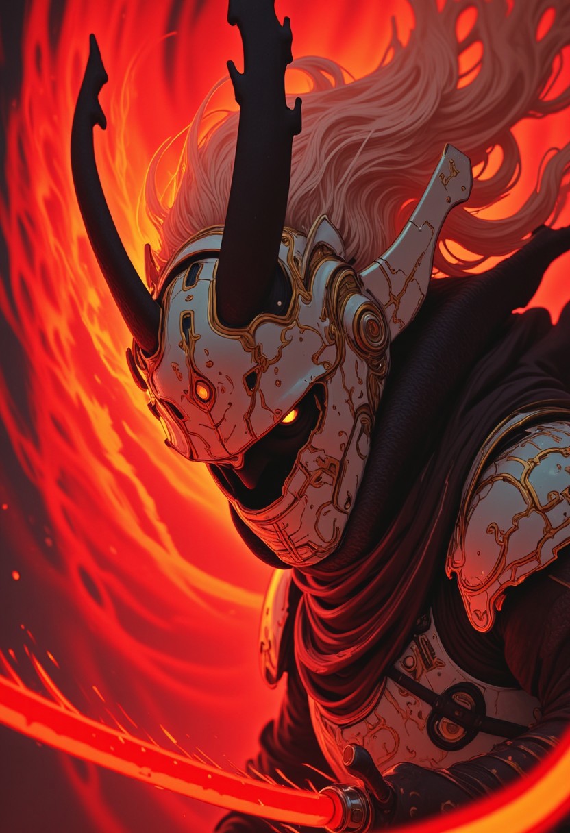 Flashy combat stance, ethereal red-and-beige mist swirling around, mid-motion high-energy battle moment, soft-focus anime elegance, extreme close-up of a bleaked red-colored ronin, futuristic pastel samurai armor with holographic sakura etchings, high-collared translucent pearl-plated shoulder guards, dreamlike glow, cinematic neon lighting, pastel red-and-beige, grey two-tone color scheme, highly detailed macro portrait with soft-focus bokeh, 64-megapixel DSLR, deep black