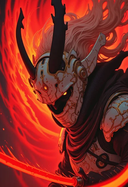 Flashy combat stance, ethereal red-and-beige mist swirling around, mid-motion high-energy battle moment, soft-focus anime elegance, extreme close-up of a bleaked red-colored ronin, futuristic pastel samurai armor with holographic sakura etchings, high-collared translucent pearl-plated shoulder guards, dreamlike glow, cinematic neon lighting, pastel red-and-beige, grey two-tone color scheme, highly detailed macro portrait with soft-focus bokeh, 64-megapixel DSLR, deep black