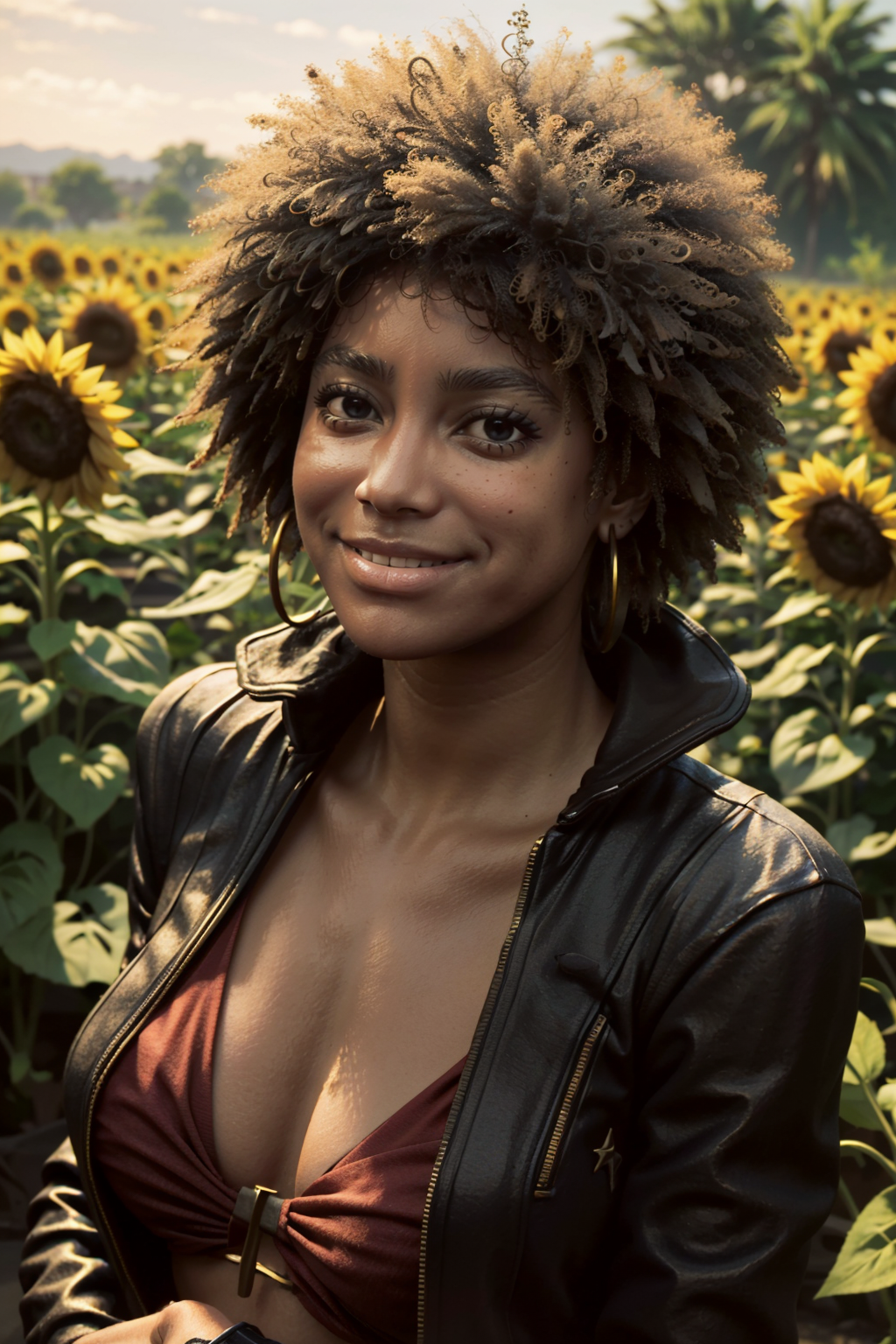 ((ultra detailed, masterpiece, best quality))
 <lora:Mafia3Roxy:0.8>
Mafia3Roxy, 1girl, solo, afro, brown eyes, very dark skin, surrounded by sunflowers in a bright field, smiling, happy
