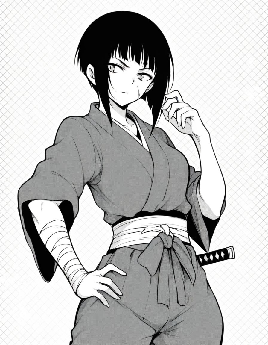rating_safe, score_9,score_8_up,score_7_up, BREAK 1girl, standing, hand on own hip, hand up, contrapposto,  simple background, grid background,  cowboy shot,  <lora:miyabi-senpai-manga-ponyxl-lora-nochekaiser:1> miyabi senpai, short hair, bangs, monochrome, greyscale, pale skin,  samurai, japanese armor, katana, scar, bandages,