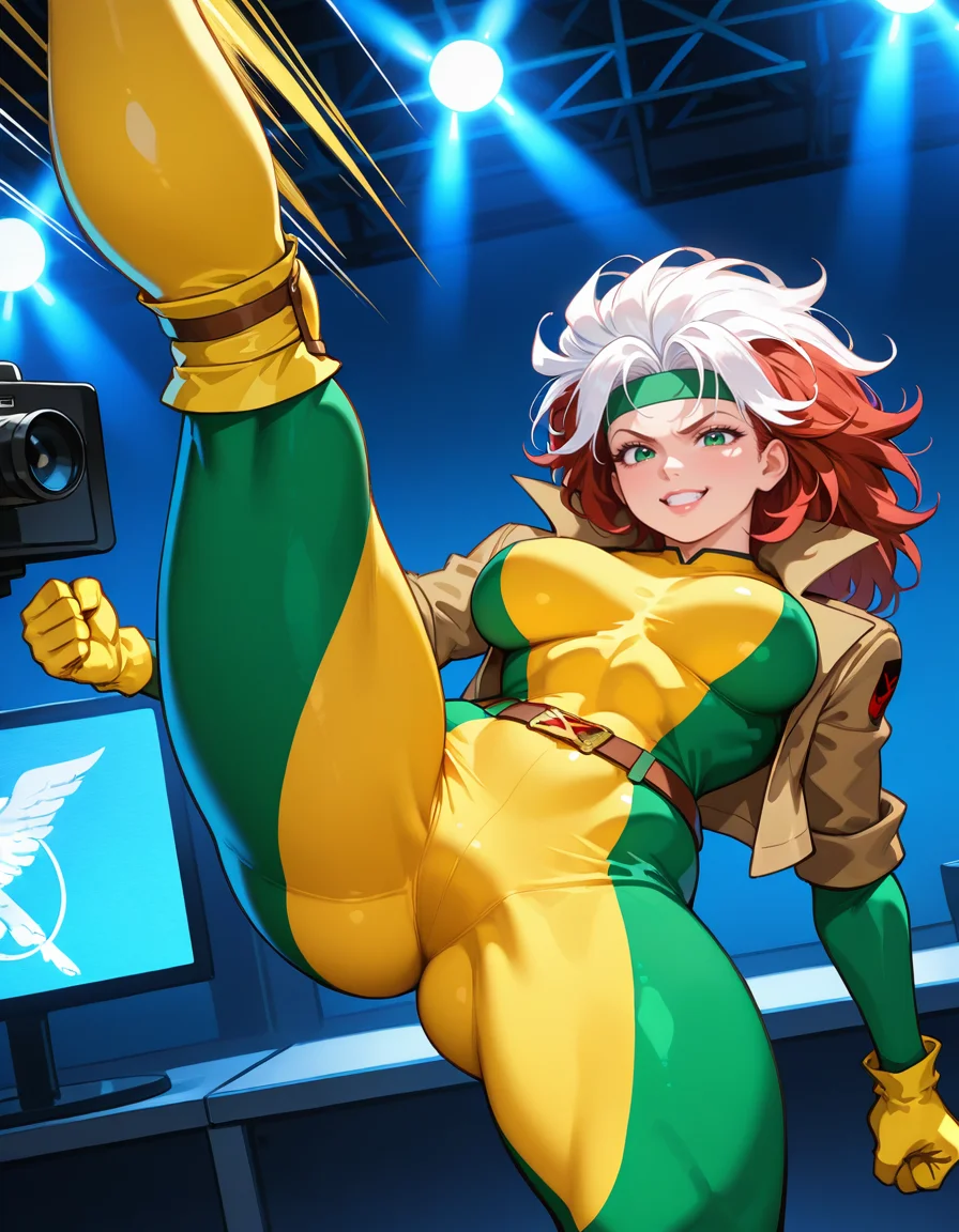 (masterpiece, best quality, ultra-detailed, very aesthetic), general, newest, (1girl, solo:1.5), looking at viewer, (cowboy shot:1.5), indoors,
colorful TV variety show studio, bright stage lighting, multiple studio lights, large broadcast cameras, vivid backdrop, LED panels, lively atmosphere, wide angle, high saturation,
speed lines, motion lines, motion blur, dutch angle,
smile, angry, (fighting, leaning back, kicking, twisted torso:1.5),
<lora:xmen_rogue:1> (xmen_rogue), (retro artstyle, rogue_xmen_outfit, green eyes, two-tone hair, medium hair, messy hair, curly hair, headband, lips, large breasts, breasts apart, wide hips, thick thighs, toned female), (brown cropped jacket, short sleeves, sleeves rolled up, layered sleeves, emblem on sleeves, two-tone bodysuit, yellow gloves, brown belt, yellow knee pads, yellow knee boots)