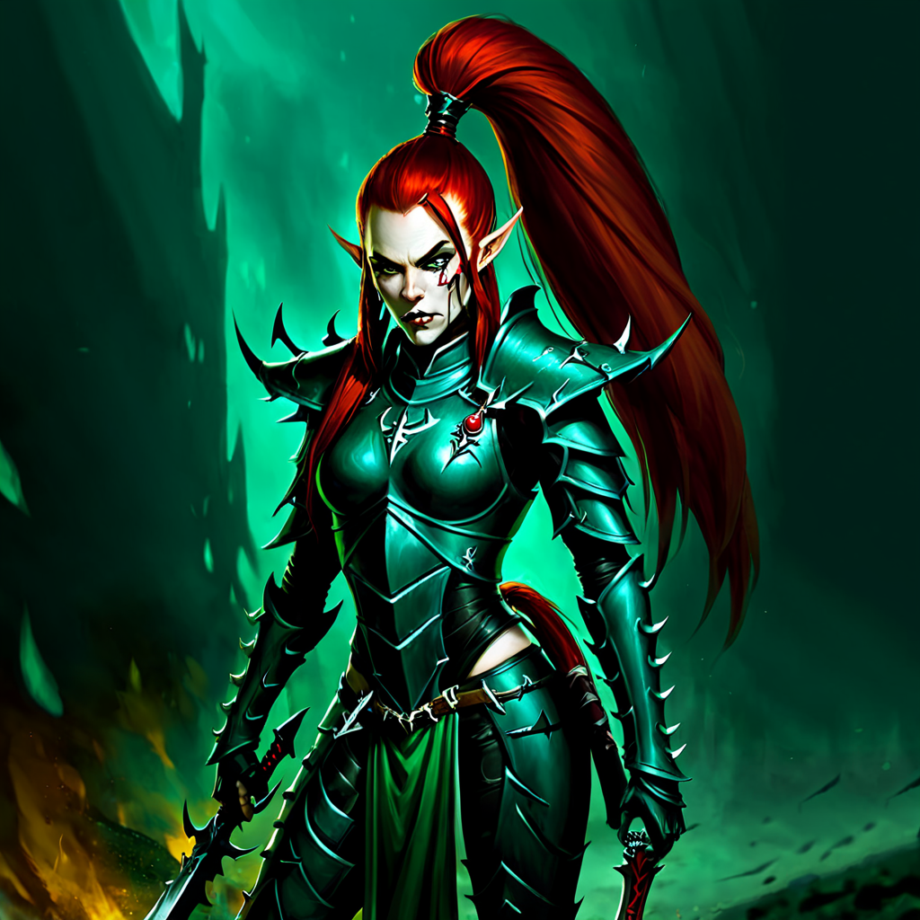 <lora:aeldari_xl_7:1> aeldari, drukhari, standart drukhari, drukhari's armor, 1girl, solo, long hair, hair ornament, ponytail, weapon, red hair, pointy ears, sword, hand on hip,  knife, shoulder armor, pauldrons, breastplate, dagger,  armor