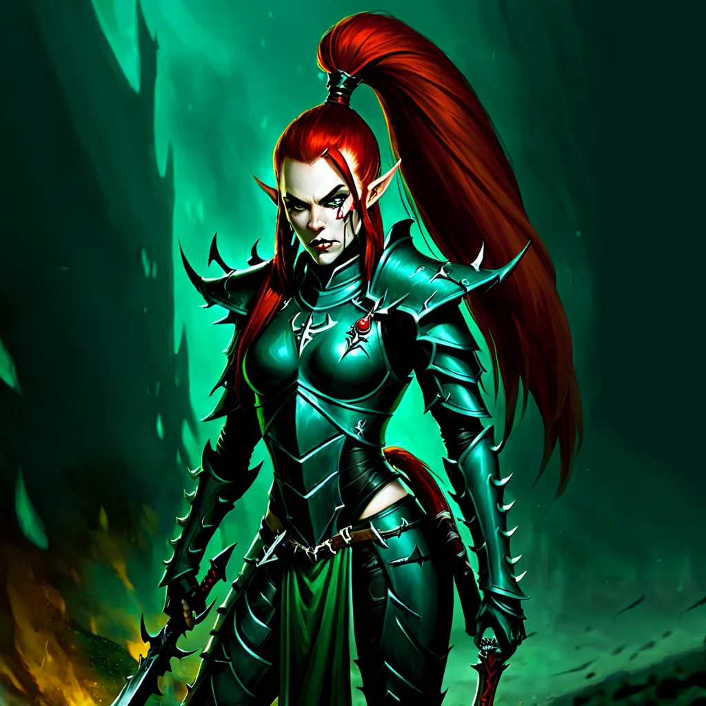 <lora:aeldari_xl_7:1> aeldari, drukhari, standart drukhari, drukhari's armor, 1girl, solo, long hair, hair ornament, ponytail, weapon, red hair, pointy ears, sword, hand on hip, knife, shoulder armor, pauldrons, breastplate, dagger, armor