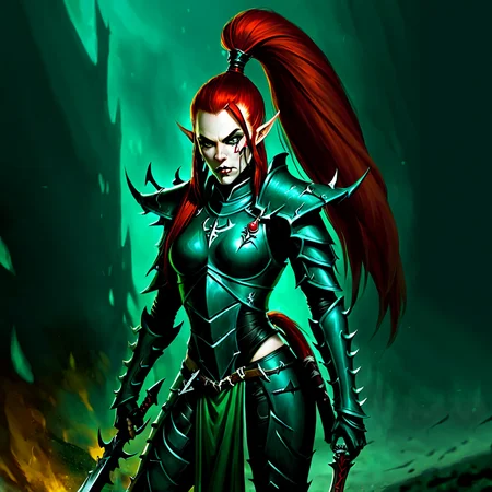 <lora:aeldari_xl_7:1> aeldari, drukhari, standart drukhari, drukhari's armor, 1girl, solo, long hair, hair ornament, ponytail, weapon, red hair, pointy ears, sword, hand on hip, knife, shoulder armor, pauldrons, breastplate, dagger, armor