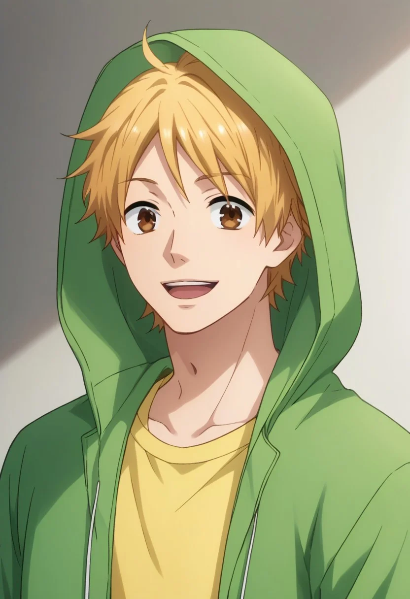 score_9, score_8_up, score_7_up, source_anime, highly detailed,
natsuki, 1boy, male focus, solo, blonde hair, upper body, brown eyes, hoodie, green hoodie, hood, open hoodie, open clothes, yellow t-shirt, pants, smile, open mouth,