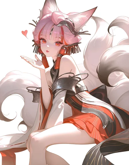1girl,solo,simple background,<lora:dajihu-000012:1.1>,white background,dajihu,fox tail,blowing kiss,multiple tails,, masterpiece, best quality, very aesthetic, absurdres,newest, incredibly absurdres,, (ningen mame:0.65),(tianliang duohe fangdongye:0.9),ask \(askzy\),(chen_bin:0.748),(void 0:1.1),(nixeu:0.63),(sy4:1.3),(mignon:0.677)