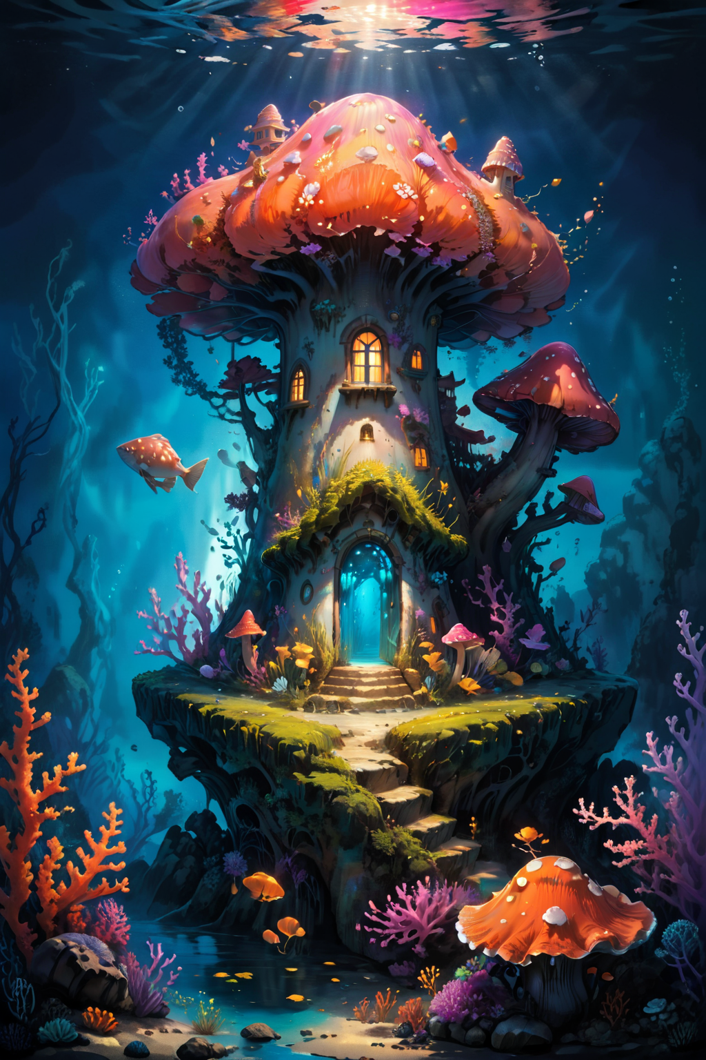 At the depths of the ocean, nestled amidst a vibrant coral reef ecosystem, stands a colorful mushroom house that captivates the eyes with its rich hues. The house is adorned with a mosaic of colors, ranging from deep blues and purples to vivid greens, oranges, and yellows, creating a stunning contrast against the surrounding marine environment.
Inside the mushroom house, soft, warm light radiates from its windows, illuminating the underwater world with a welcoming glow. The interior walls are painted in lively patterns and adorned with intricate designs, reflecting the creativity and artistry of its inhabitants.
Surrounding the mushroom house are bioluminescent sea creatures resembling fireflies, their gentle glows adding a magical aura to the scene. These creatures, with their translucent bodies and shimmering lights, float gracefully in the water, creating an enchanting spectacle around the colorful abode.
The coral reef ecosystem that envelops the mushroom house is a kaleidoscope of colors, with coral formations in shades of pink, purple, orange, and red. Schools of tropical fish in dazzling colors swim among the corals, their movements adding life and energy to the underwater landscape.
As you approach the mushroom house, you can feel the tranquility of the deep sea, punctuated by the occasional chatter of marine life and the gentle swaying of seaweed. It's a mesmerizing and picturesque scene that highlights the beauty and diversity of underwater life in this enchanting realm.
<lora:add-detail-xl:0.85>,
<lora:EnvyBetterHiresFixXL01:1.0>,
<lora:extremely_detailed:1.5>, extremely detailed,
<lora:zavy-mthcl-sdxl:0.8> zavy-mthcl, 
<lora:Painted World-000006:0.8> painted world, colorful splashes,