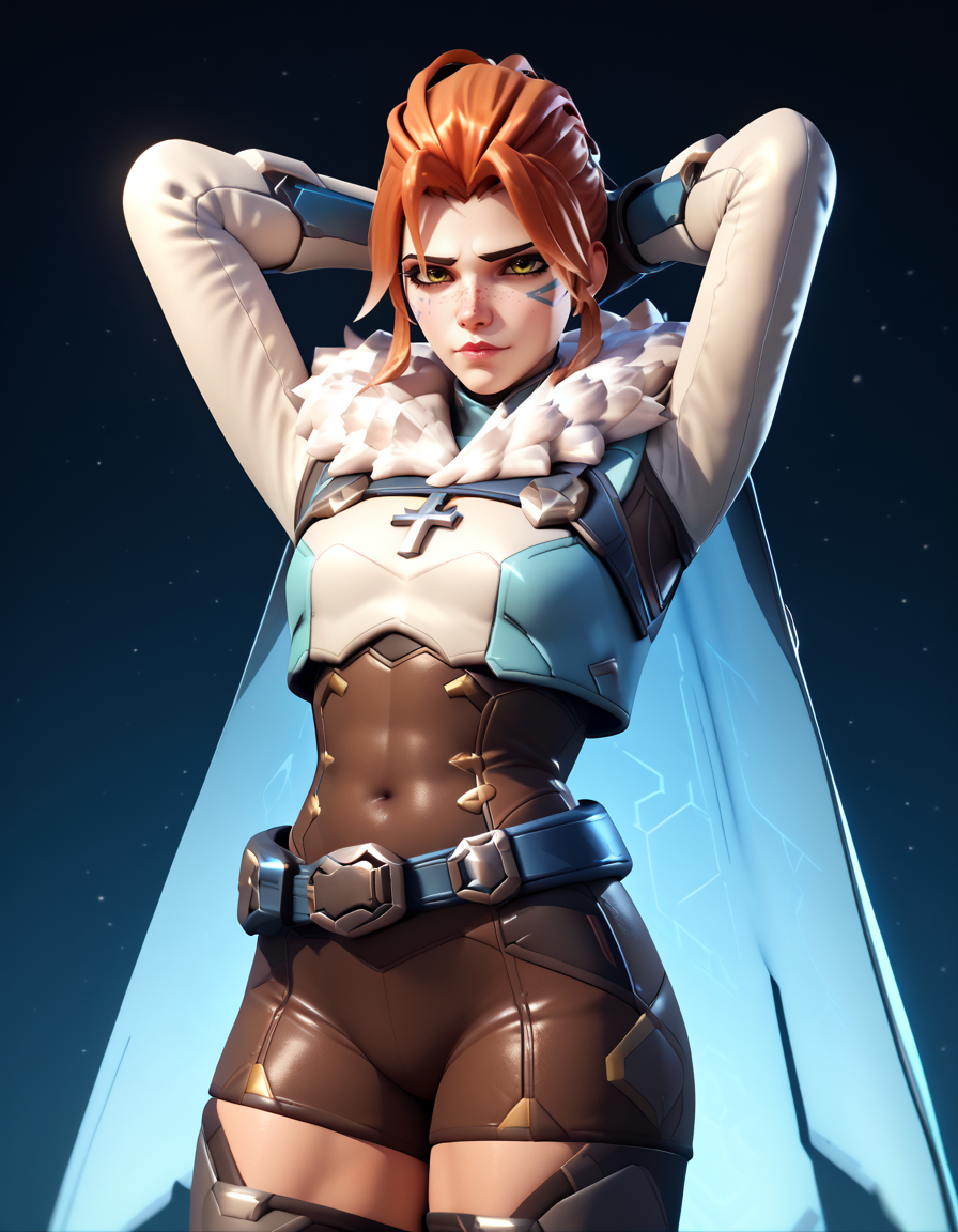 score_9, score_8_up, score_7_up, high-res, 2k, best quality, 3d, solo focus, frejaow, freja (overwatch), fur trim, cape,   <lora:Freja_ow_pony-000040:1>  Cross-legged arms folded behind head