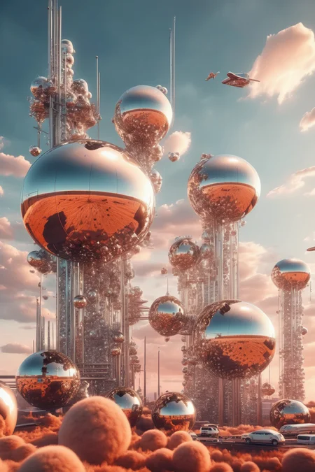 <lora:Filip Hodas Style:1>Filip Hodas Style - Aerial view of multiple sleek gleaming metallic glass 5000 ft astropunk skyscrapers piercing thick fluffy clouds with futuristic air traffic at sunset