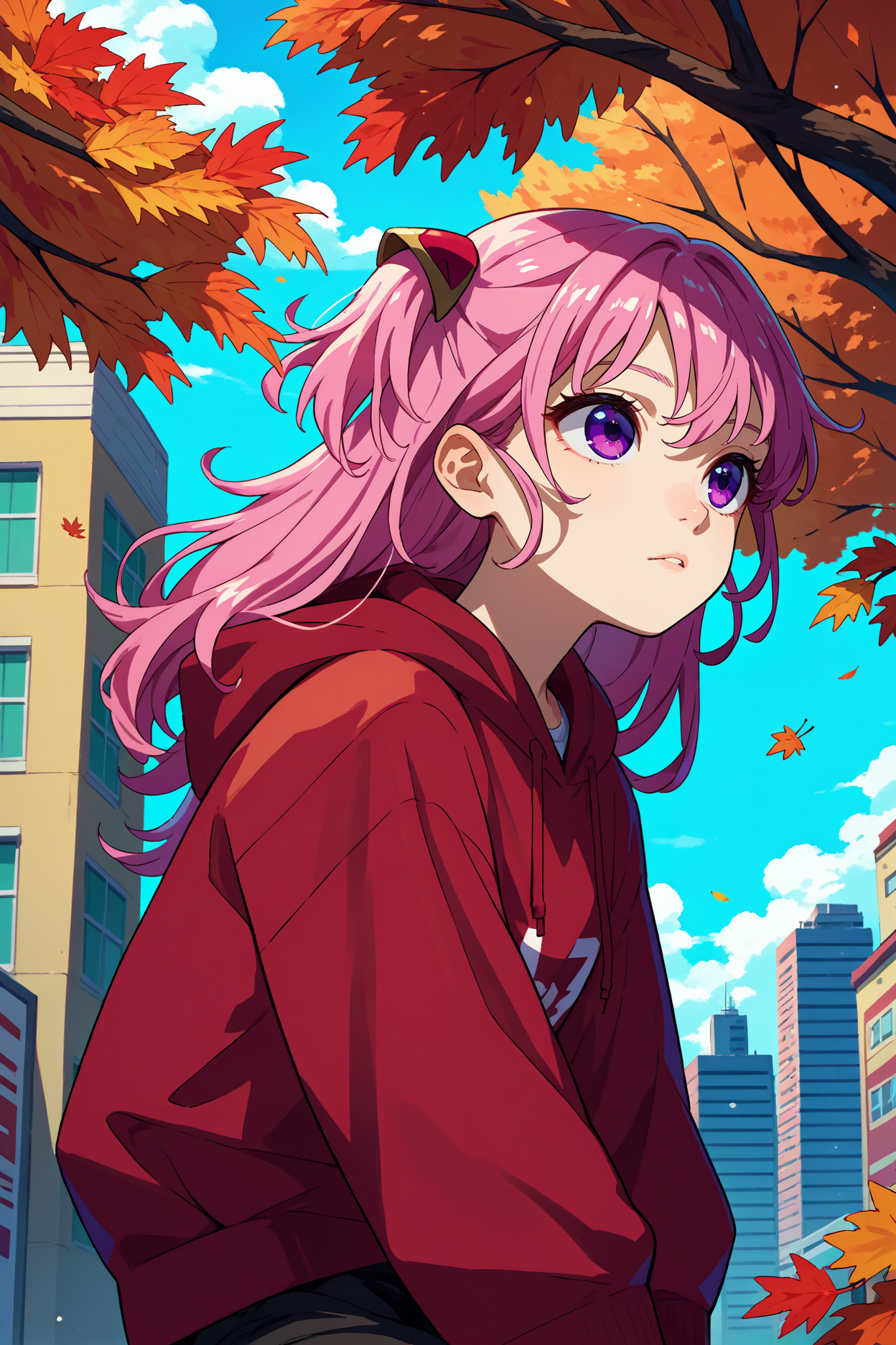 score_9, score_8_up, score_7_up, score_6_up, source_anime, 1girl, solo <lora:charlottescherzen-pdxl-nvwls-v1-000005:1> csch, pink hair, two side up, long hair, purple eyes, red hoodie, black pants, autumn, blue sky, clouds, looking up, city