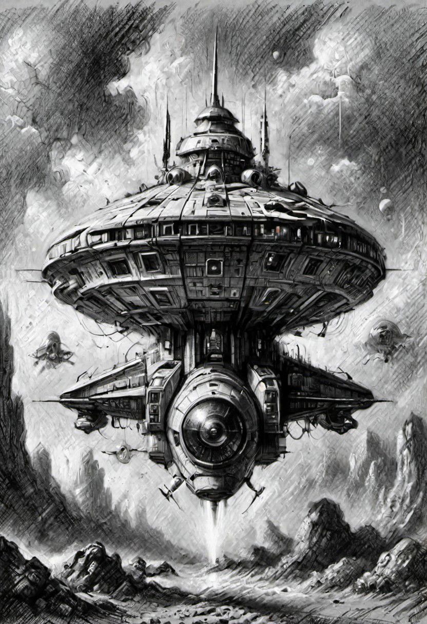 (masterpiece), 
A spaceship,
Black and white tones,
HDR, highly detailed, 32k, 
looking at viewer,