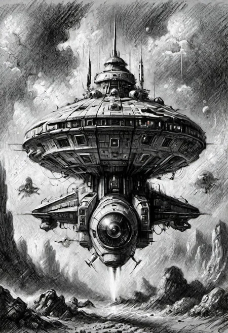 (masterpiece), 
A spaceship,
Black and white tones,
HDR, highly detailed, 32k, 
looking at viewer,