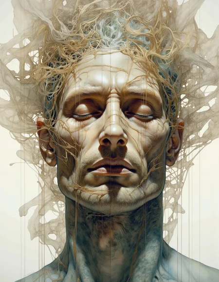 Portrait by Dorota Pietrowiak. This image is a highly detailed, surreal digital painting that features a close-up portrait of a man with a hauntingly serene expression. The artwork is rendered in a meticulous, watercolor-like style with soft, flowing lines and a blend of earthy tones. The subject's face is a study in serene, almost ethereal beauty, with closed eyes and a gentle, contemplative expression. <lora:Dorota_Pietrowiak:1>