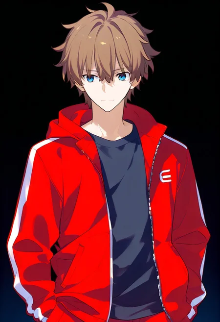 (score_9, score_8_up, score_7_up, source_anime), ((solo)), calm, closed mouth, 1boy, solo, peaceful, closed mouth, small smile, lazy, ((oreki_houtarou)), masculine, brown hair, blue eyes, short hair, ((spiky hair, pointy hair, messy hair)), hair between eyes, red tracksuit, red tracksuit, tracksuit jacket, red jacket, plain jacket, open jacket, black shirt, collard shirt, plain shirt, red trousers, hands in pockets, no background, dark background, cowboy shot, dark background, portrait, prototype design, Expressiveh, takeuchi takashi