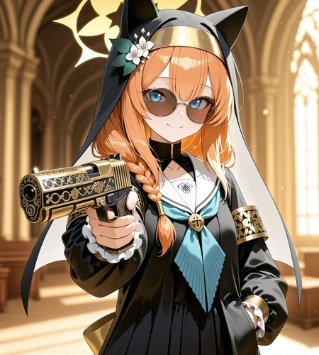 masterpiece, best quality, amazing quality, very aesthetic, high resolution, ultra-detailed, absurdres, newest, volumetric lighting,
mari \(blue archive\), blue archive, nun, habit, 1girl, solo, aiming, aiming at viewer,
engraved, engraving, smile, sway back, hand in pocket, sunglasses, round eyewear, smile,
covered eyes, gun close-up, upper body, gun muzzle, 
holding weapon, holding gun, holding,
handgun, gold pistol, (desert eagle,:1.2) (finger on trigger,:1.2)
animal ear headwear, animal ears, armband, blue neckerchief, blurry, blurry background, bow, braid, collarbone, flower, frilled sleeves, frills, gun, habit, hair flower, hair ornament, halo, leaf hair ornament, light blush, long hair, long skirt, long sleeves, neckerchief, nun, orange hair, puffy long sleeves, puffy sleeves, sailor collar, single braid, socks, turtleneck, veil, weapon, white flower, white sailor collar, yellow bow, yellow halo,
simple background, church,
blurry background, (bokeh, depth of field,:0.7) volumetric lighting, <lora:engraved v2:1.2>