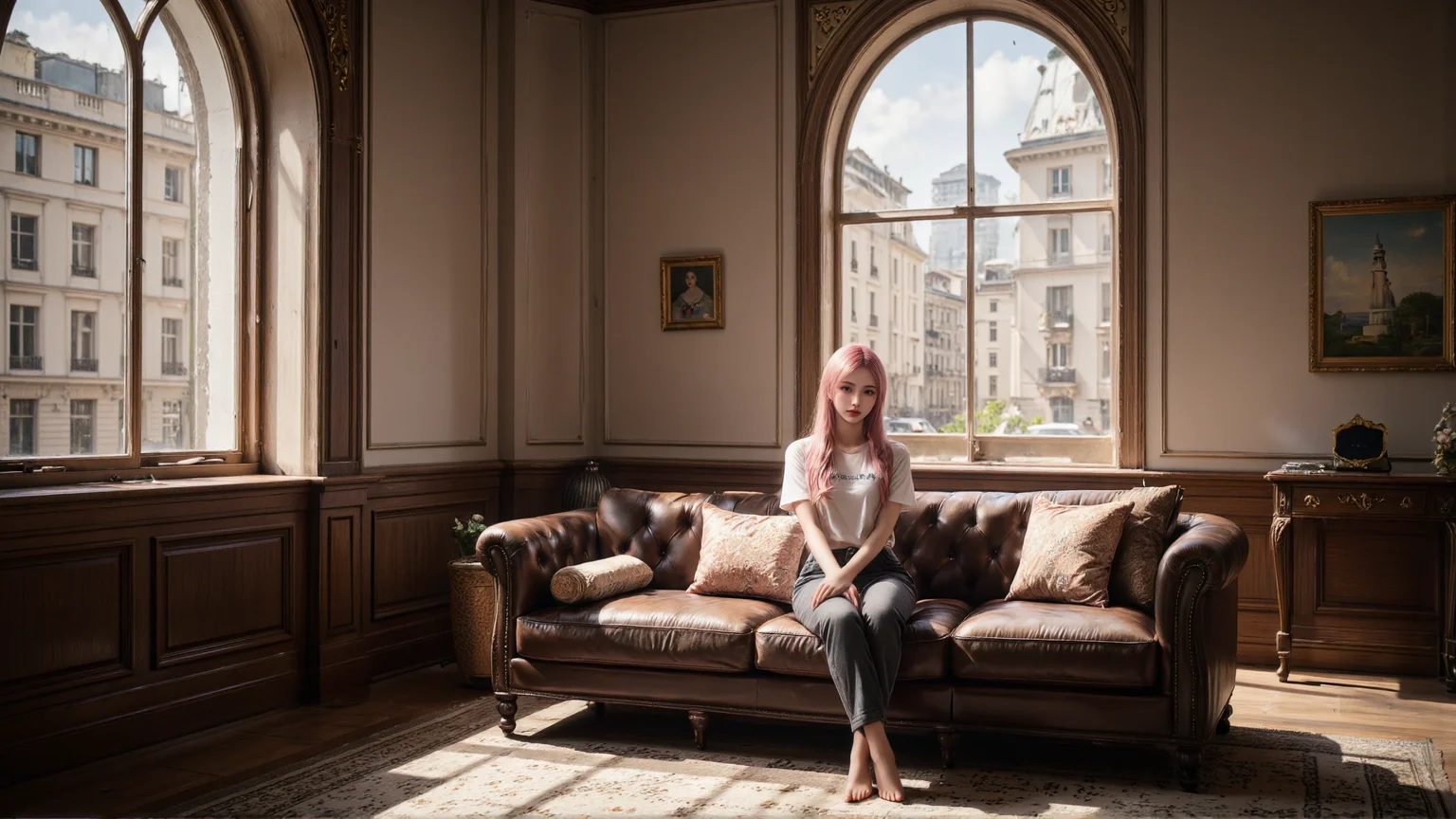 A young woman with pink hair sitting barefoot on a vintage leather sofa in a sunlit classical room,wearing a casual white blouse and gray trousers,hands resting on her knees,soft expression. Large arched windows behind her reveal old European buildings outside. Warm natural light streams through the windows,casting shadows on the parquet floor and ornate wood paneling. A traditional rug and gold-framed paintings add elegance to the atmosphere. (vivid style, cinematic lighting).,<lora:yuukananri-base-02-flux:0.8>,yuukananri,she has a slender physique and a petite build,<lora:aidmaMJ6.1_v0.5_3:0.5>,aidmaMJ6.1,