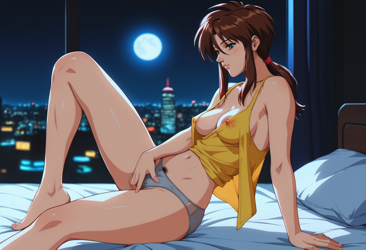 score_9, score_8_up, score_7_up, score_6_up, rating_explicit, contrast of cool dark background with warm bright foreground, full color, night, city light, volumetric moonlight, depth of field
neo-tokyo Aesthetic, modern bedroom Aesthetic, Blurry Background, cyber city view, stary night, full moon, light rays, beautiful natural lighting, glow, light,
<lora:Priss Asagiri _ Bubblegum Crisis Tokyo 2040_epoch_10:1>, Priss, sidelocks, retro artstyle, oversize yellow tank top, open shirt, grey underwear,
{petite body, athletic body, medium breasts, perfect round firm tits, medium round perfect tits, (medium Breasts:0.8), long legs, perfect anatomy, perfect face, perfect nose, detailed eyes, beautiful eyes, perfect eyes, perfect breasts, anatomically correct hands:1.3},
cute, side view, from side,
sitting in bed, posing, nipple slip, exposed breast, 1breast out of shirt, see through panties, (pubic hair:1.3), white pillows, white sheets, Tokyo cityscape, city lights, nsfw, (masturbating:1.3), fingers in pussy,