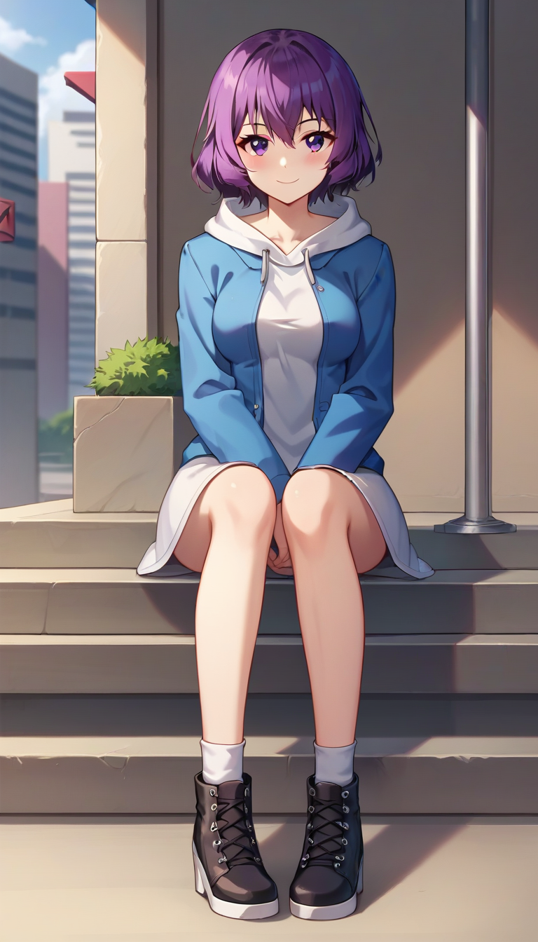 score_9,score_8_up,masterpiece,best quality,correct anatomy,anime_source,1girl,solo,perfect eyes,perfect arms,perfect legs,perfect face,outdoors,upper body,(portrait:1.5),looking at viewer,facing viewer,smile,blush,Tang Rou,short hair,purple hair,hair between eyes,bangs,purple eyes,blue jacket,open jacket,white dress,hoodie,long sleeves,medium breasts,white socks,cross-laced footwear,black footwear,<lora:Tang Rou(tka)-Pony:1.2>,