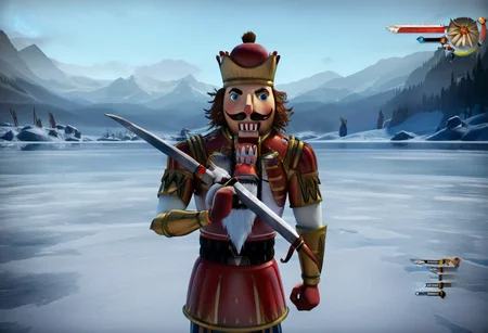 (nutcracker),
high guard sword parry stance,
at a frozen lake,
game screenshot,
looking at the camera,
sfw