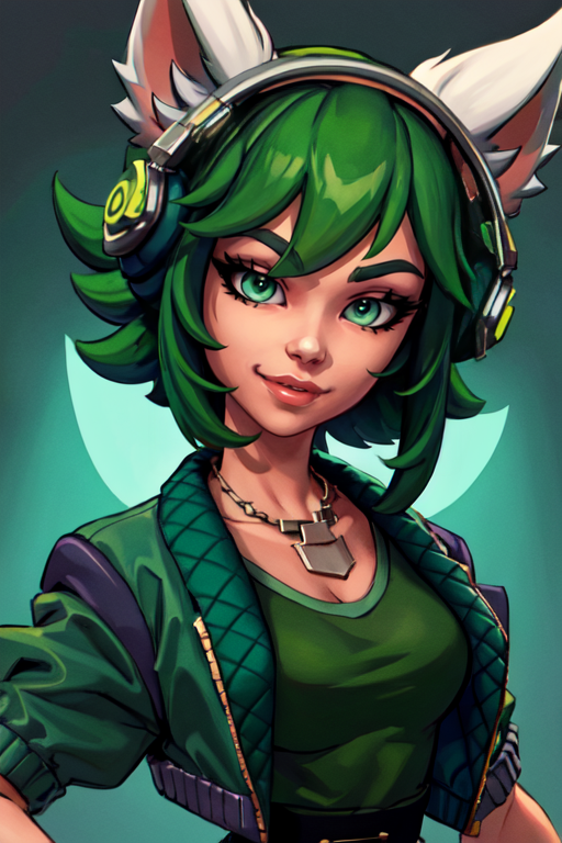 masterpiece,best quality,extreme detail,8k,image sharpness,<lora:io:0.8>, io2,1girl,solo,looking at viewer,smile,short hair,bangs,shirt,animal ears,jewelry,closed mouth,green eyes,jacket,green hair,open clothes,cat ears,medium hair,necklace,open jacket,fake animal ears,headphones,scar,portrait,green background,green shirt,green theme,